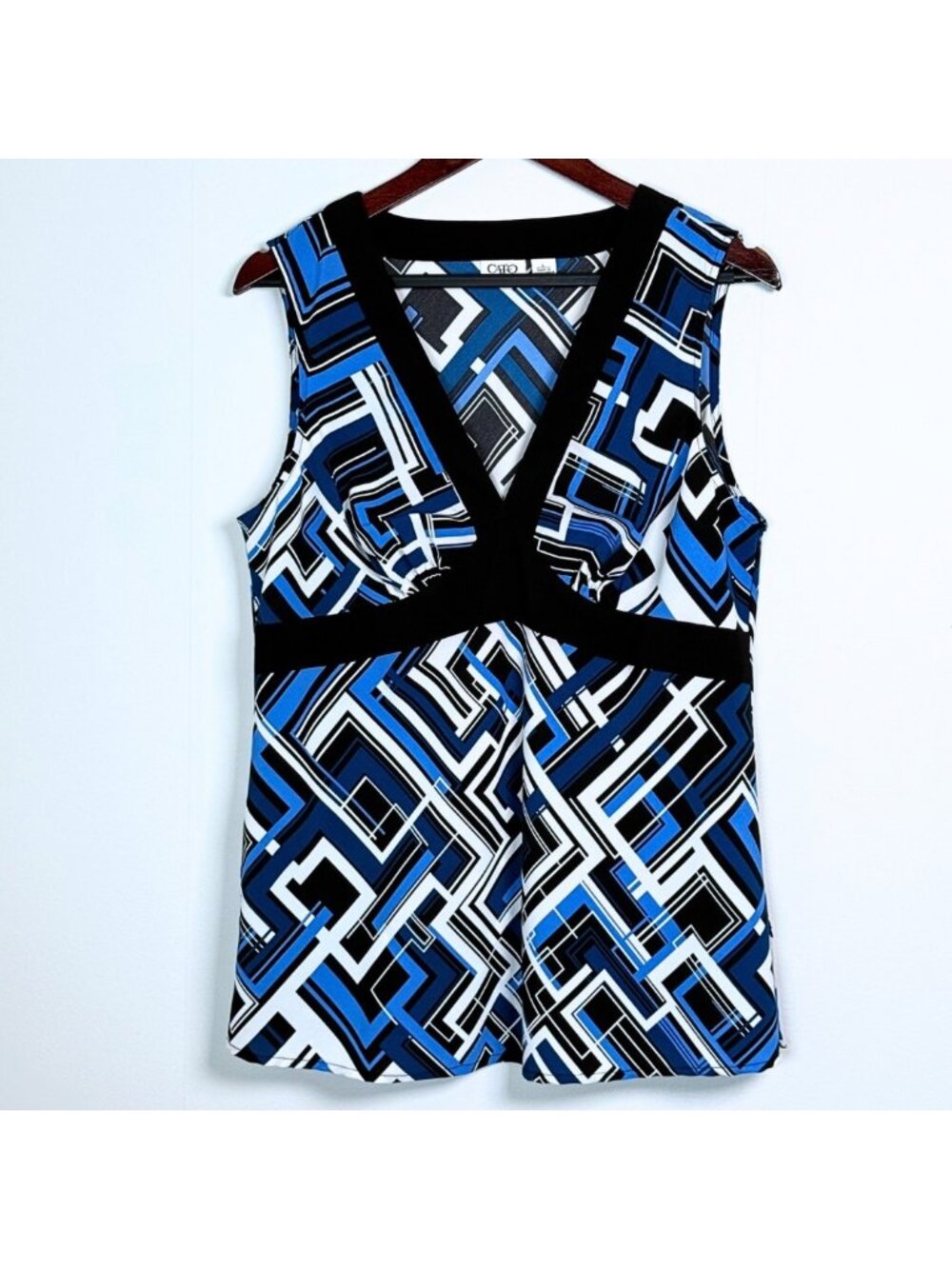 Y2K Blue Geometric Print Sleeveless Blouse Large Office Siren Business Casual